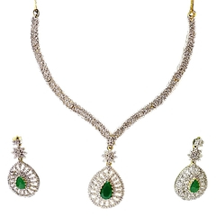 ARU AMERICAN DIAMOND STUDDED NECKLACE SET WITH GREEN STONE