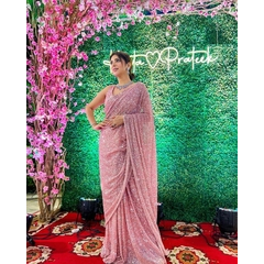 BT Presented Beautiful Gleaming Flower Pista Colored SAREE Malai Sattin Digital Print Designed with Embroidery Lace Work