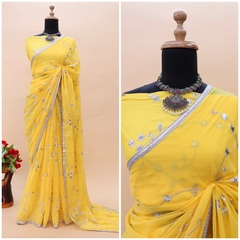 Bollywood Design A Beautiful Black Flower Colour Print with Sequence Work Sarees