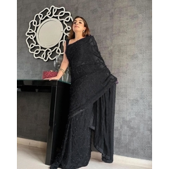 Georgette fancy thread zari with sequence work saree-BLACK